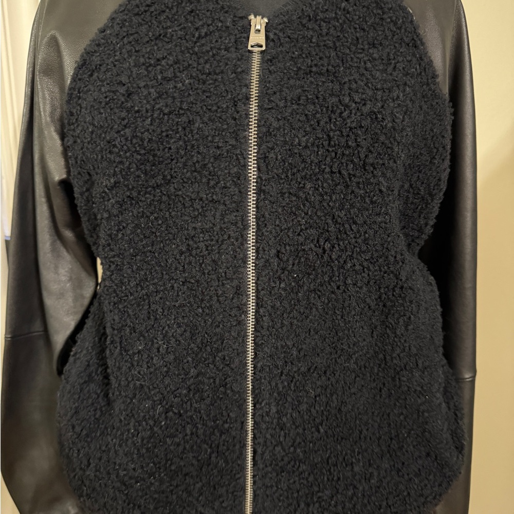 Black All Saints Leather Sleeve Sherpa Bomber Jacket -
